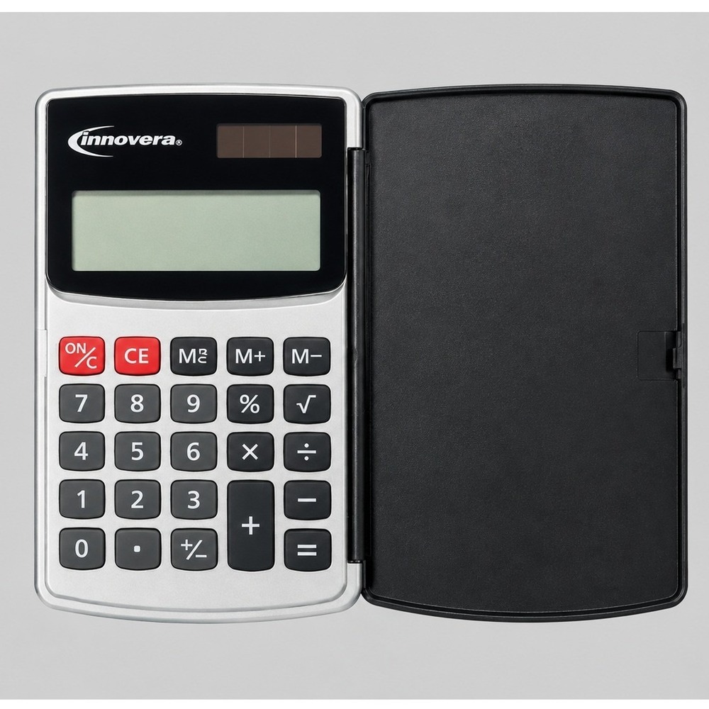 Innovera IVR-15920 8-Digit Pocket Calculator with Flip Cover Case Silver Black